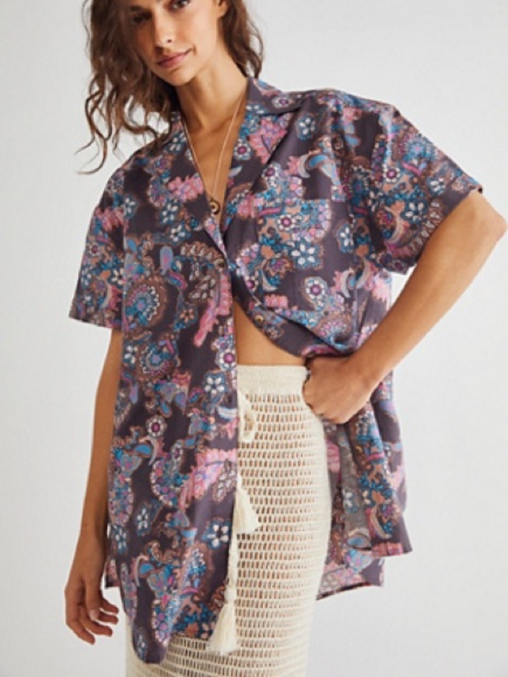Free People Poolside Printed Boyfriend Shirt Size XS Paisley Oversized
